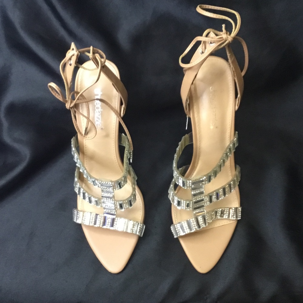 Shoe Dazzle Nude Tan Rhinestone Strappy Heels